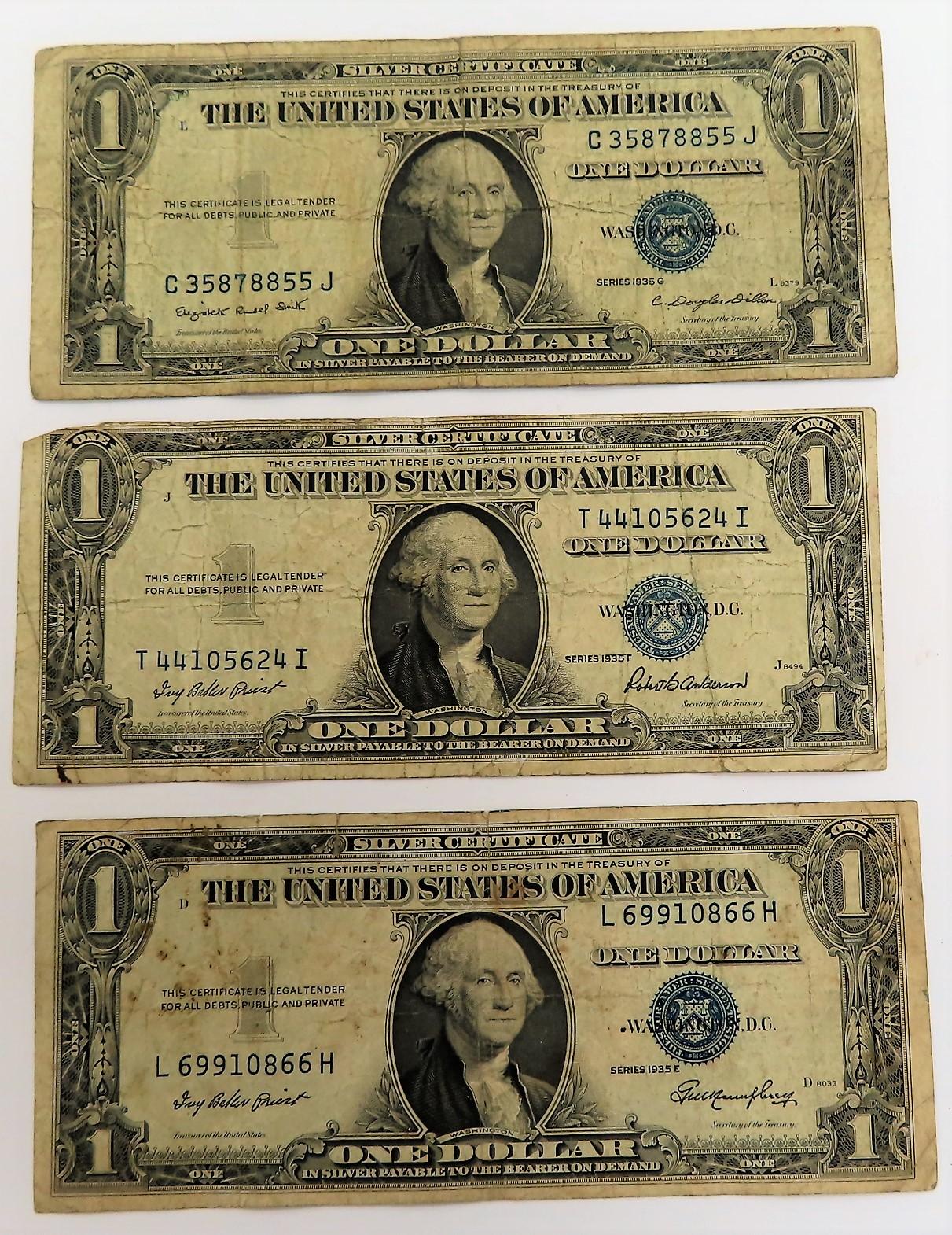 Three (3) 1935 $1 Silver Certificates, All One Money