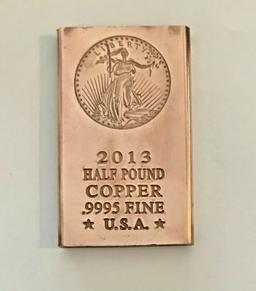 2013 Half Pound .9995 Fine Copper Bullion Bar, St. Gaudens.