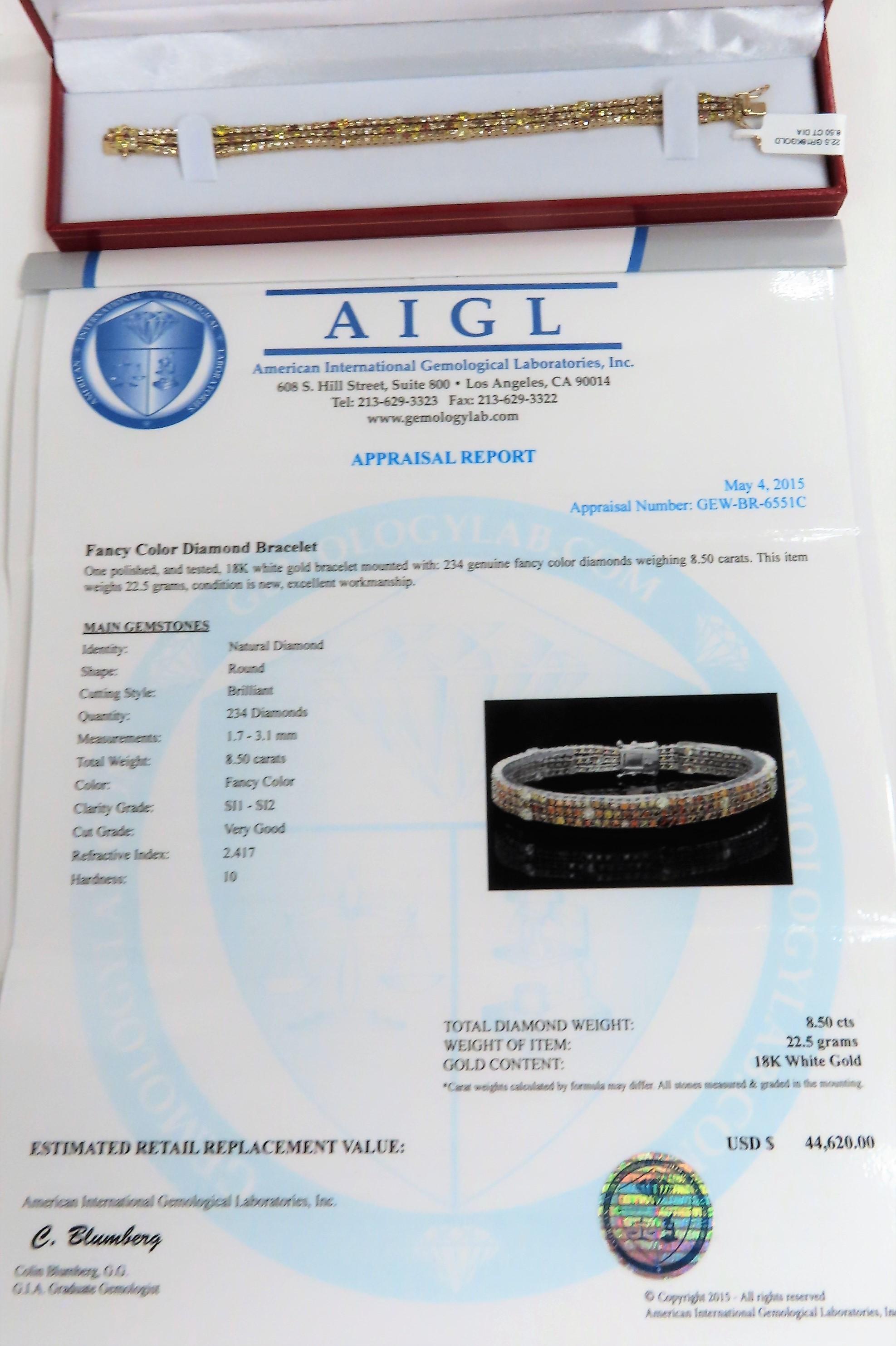 Fancy Color Diamond 14K Bracelet with Two Hundred Thirty-Four (234) dmnds . $44,620 Retail Appraisal