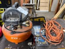 Ridgid Pancake Air Compressor Lot - Finish Nailer, Hose, Fittings, etc