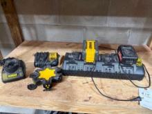 DeWalt Battery, (2) DeWalt Chargers, 4 bank Charger, etc