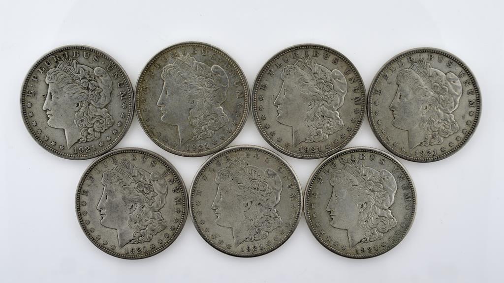 Lot of Seven US 1921 Morgan Silver Dollars; 3-P, 3-D, 1-S; Condition As Shown