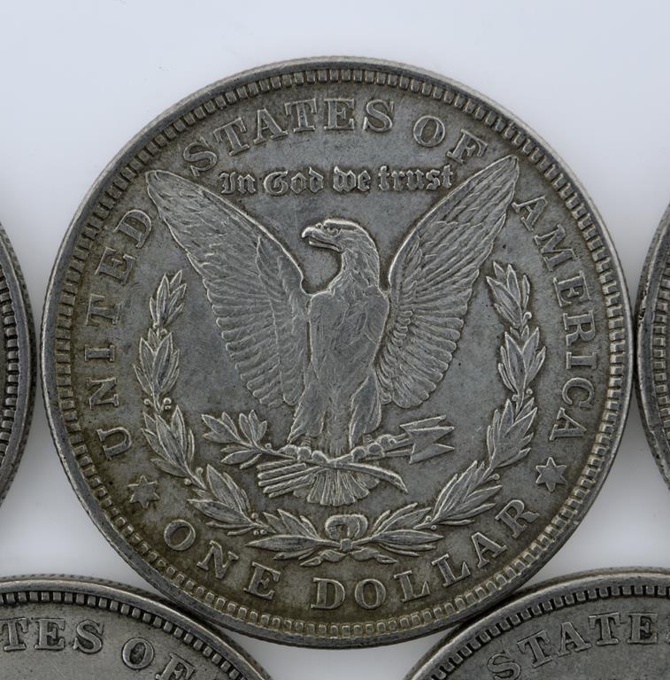 Lot of Seven US 1921 Morgan Silver Dollars; 3-P, 3-D, 1-S; Condition As Shown