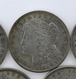 Lot of Seven US 1921 Morgan Silver Dollars; 3-P, 3-D, 1-S; Condition As Shown