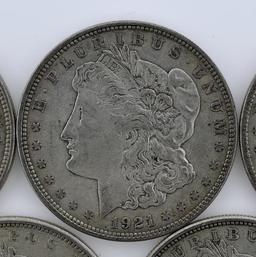 Lot of Seven US 1921 Morgan Silver Dollars; 3-P, 3-D, 1-S; Condition As Shown