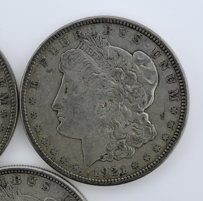 Lot of Seven US 1921 Morgan Silver Dollars; 3-P, 3-D, 1-S; Condition As Shown