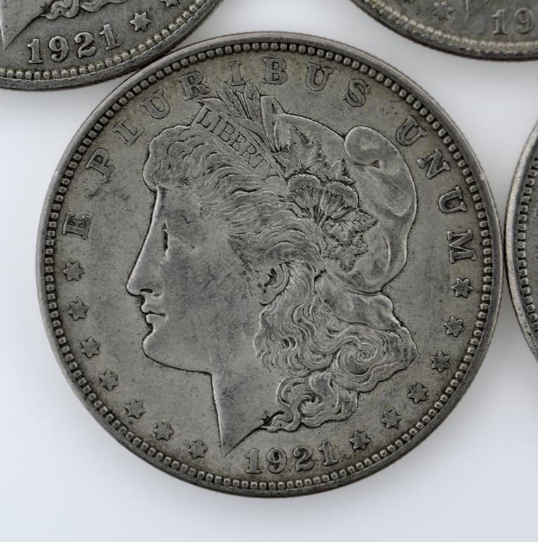 Lot of Seven US 1921 Morgan Silver Dollars; 3-P, 3-D, 1-S; Condition As Shown