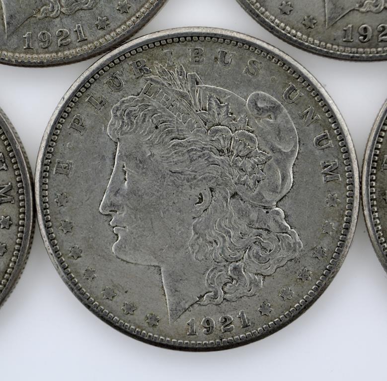Lot of Seven US 1921 Morgan Silver Dollars; 3-P, 3-D, 1-S; Condition As Shown