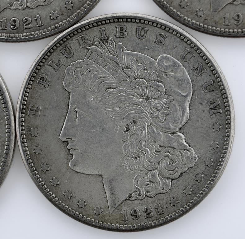 Lot of Seven US 1921 Morgan Silver Dollars; 3-P, 3-D, 1-S; Condition As Shown