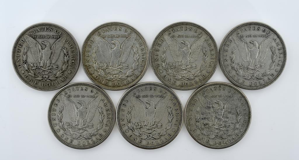 Lot of Seven US 1921 Morgan Silver Dollars; 3-P, 3-D, 1-S; Condition As Shown