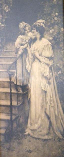 Antique 19th C. Two Tone Lithograph Fine Art Print, Mother & Daughter; Glazed & Framed