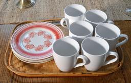 4 Attractive Red and White BD Oriental Style Plates and 6 White Pier 1 Mugs