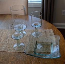 4 Pieces of Green Tinted Stemware and Plate