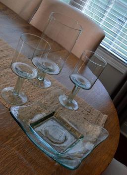 4 Pieces of Green Tinted Stemware and Plate
