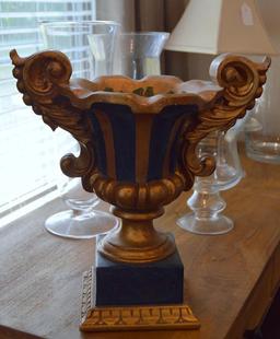 Tall Gilt and Black Finish Urn on Pedestal Base
