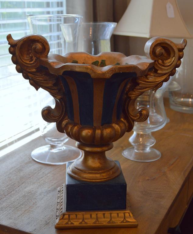 Tall Gilt and Black Finish Urn on Pedestal Base