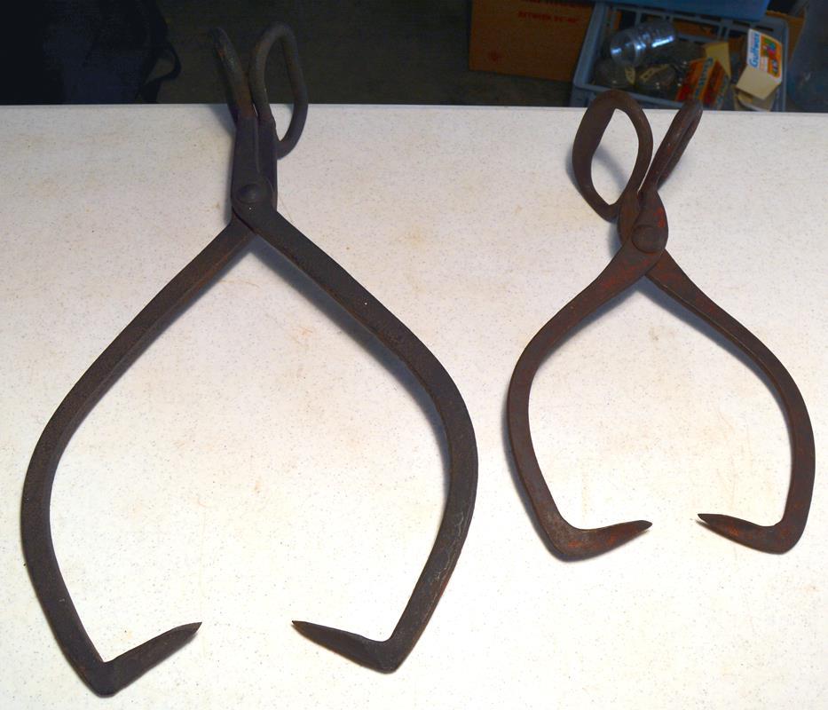 Antique Pair of Ice Tongs, 1 Marked Gifford Wood Co. w/ Traces Of Old Red Paint