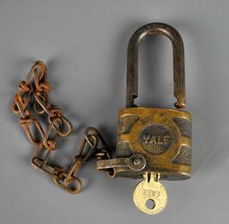 Antique Yale Padlock on Chain w/ Key, Southern Railway Stamp
