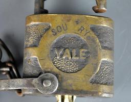 Antique Yale Padlock on Chain w/ Key, Southern Railway Stamp