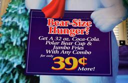 Large Coca-Cola Coke Advertising Polar Bear Cardboard Sign, “Bear-Size Hunger?”