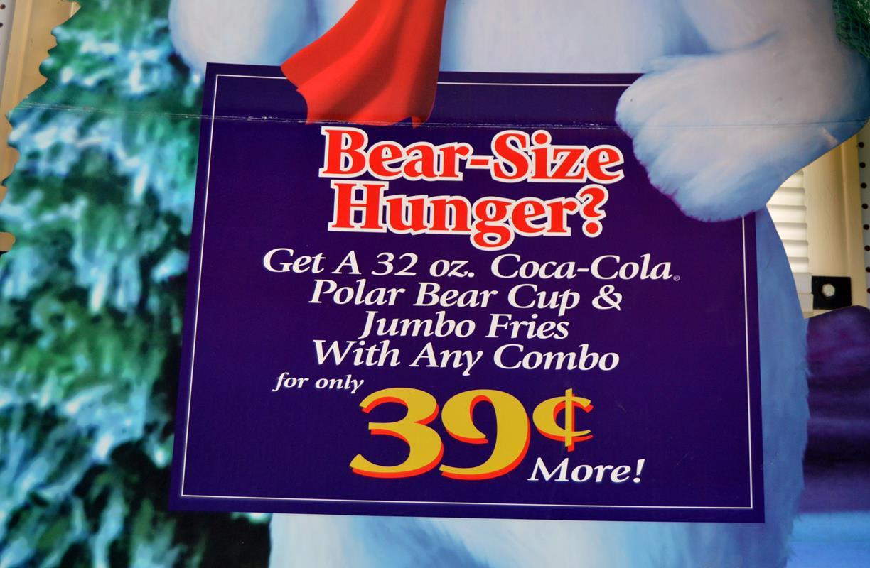 Large Coca-Cola Coke Advertising Polar Bear Cardboard Sign, “Bear-Size Hunger?”