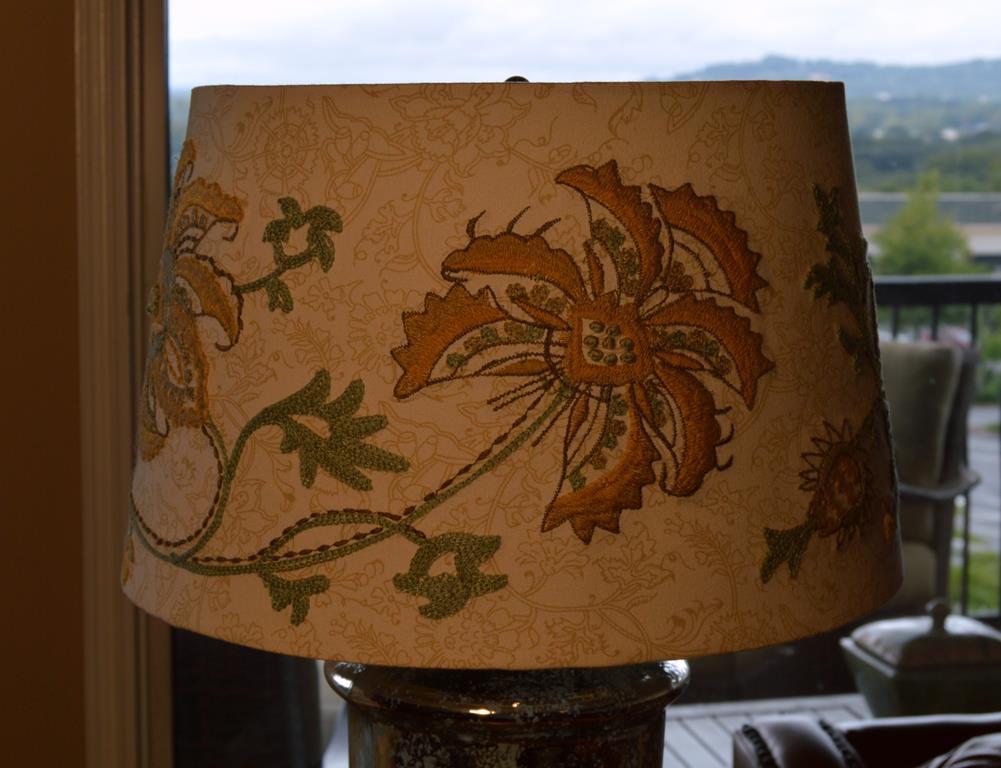 Contemporary “Mercury Glass” Table Lamp, Embroidered Shade