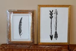 Two Prints: Hand Block Printed Feather, Two Arrows; Framed