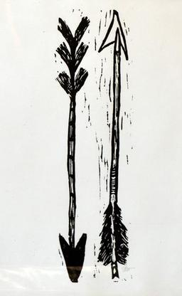 Two Prints: Hand Block Printed Feather, Two Arrows; Framed