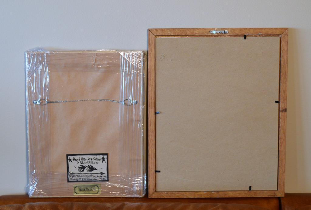 Two Prints: Hand Block Printed Feather, Two Arrows; Framed