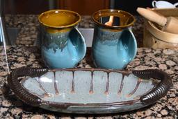 Pair of Hand Thrown Pottery Mugs and Dish