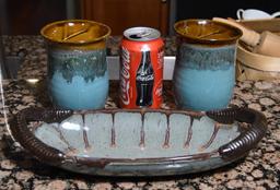 Pair of Hand Thrown Pottery Mugs and Dish