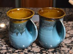 Pair of Hand Thrown Pottery Mugs and Dish