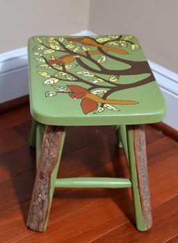 Avian Branches Green Stool, Freeform Bark Legs, Handcrafted in El Salvador