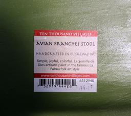 Avian Branches Green Stool, Freeform Bark Legs, Handcrafted in El Salvador