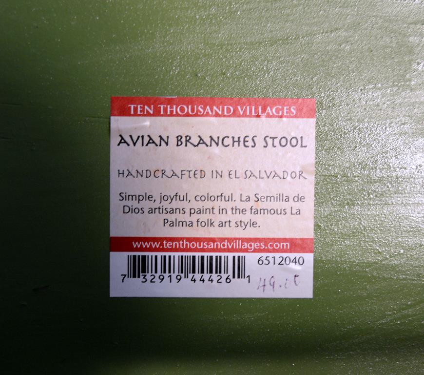 Avian Branches Green Stool, Freeform Bark Legs, Handcrafted in El Salvador
