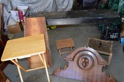 Furniture Lot: Black Console Table, TV Dinner Tray, Top To Antique, Two Stools, Free Form Slab