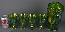 Imperial Glass Green Carnival Lemonade Set,10” Pitcher and 4 Footed Tumblers
