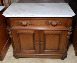 Antique 19th C. Handcrafted Marble Top Walnut Washstand, Carved Pulls