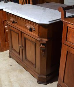 Antique 19th C. Handcrafted Marble Top Walnut Washstand, Carved Pulls