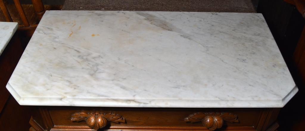Antique 19th C. Handcrafted Marble Top Walnut Washstand, Carved Pulls