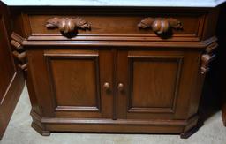 Antique 19th C. Handcrafted Marble Top Walnut Washstand, Carved Pulls