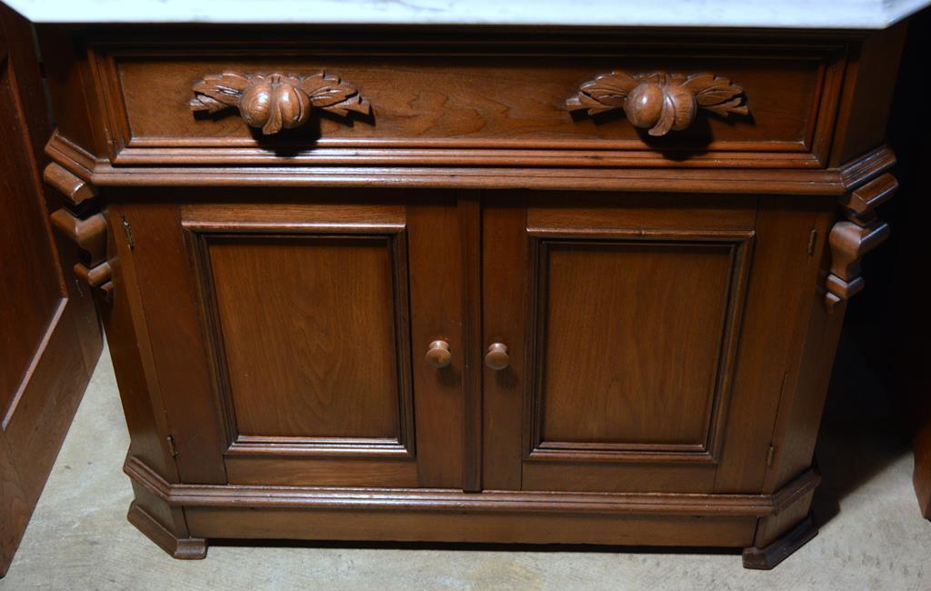 Antique 19th C. Handcrafted Marble Top Walnut Washstand, Carved Pulls