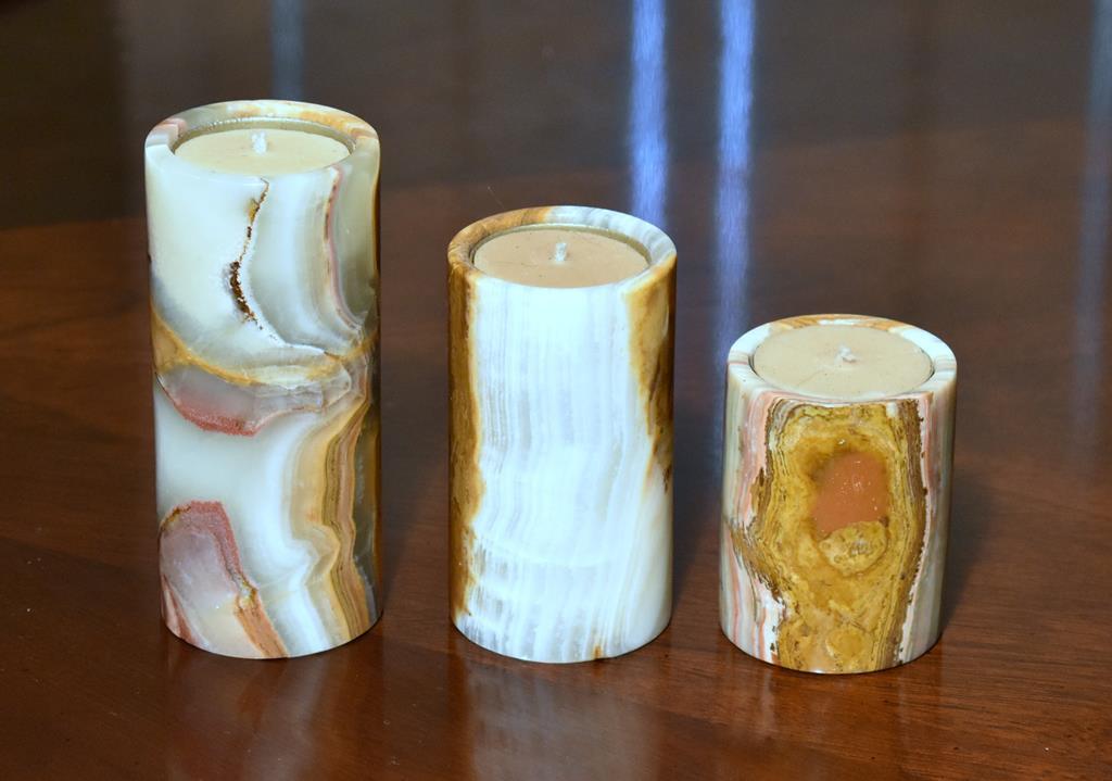 Set Of Three Onyx Candle Holders & Candles