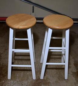 Pair Of White & Natural Finish Barstools