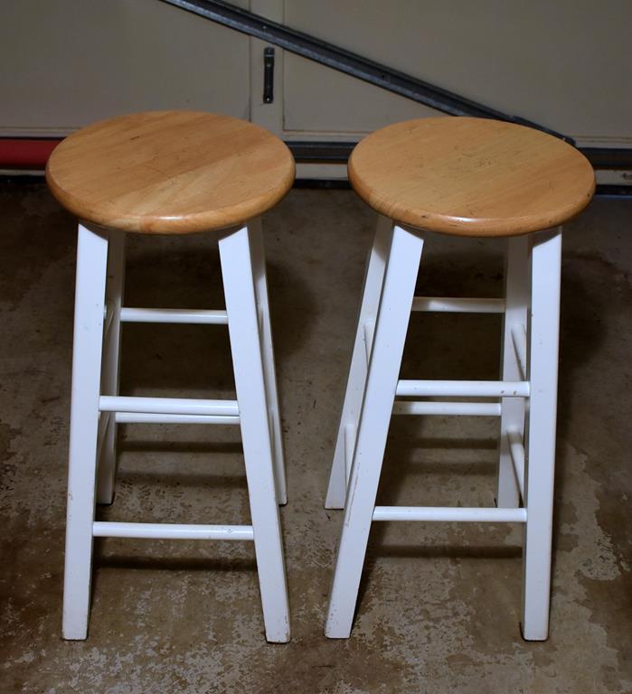 Pair Of White & Natural Finish Barstools