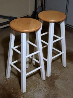 Pair Of White & Natural Finish Barstools