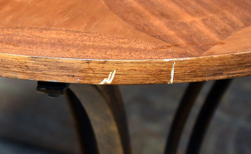 Charming Round Top Side Table with Metal Base, Pinwheel Design in Top