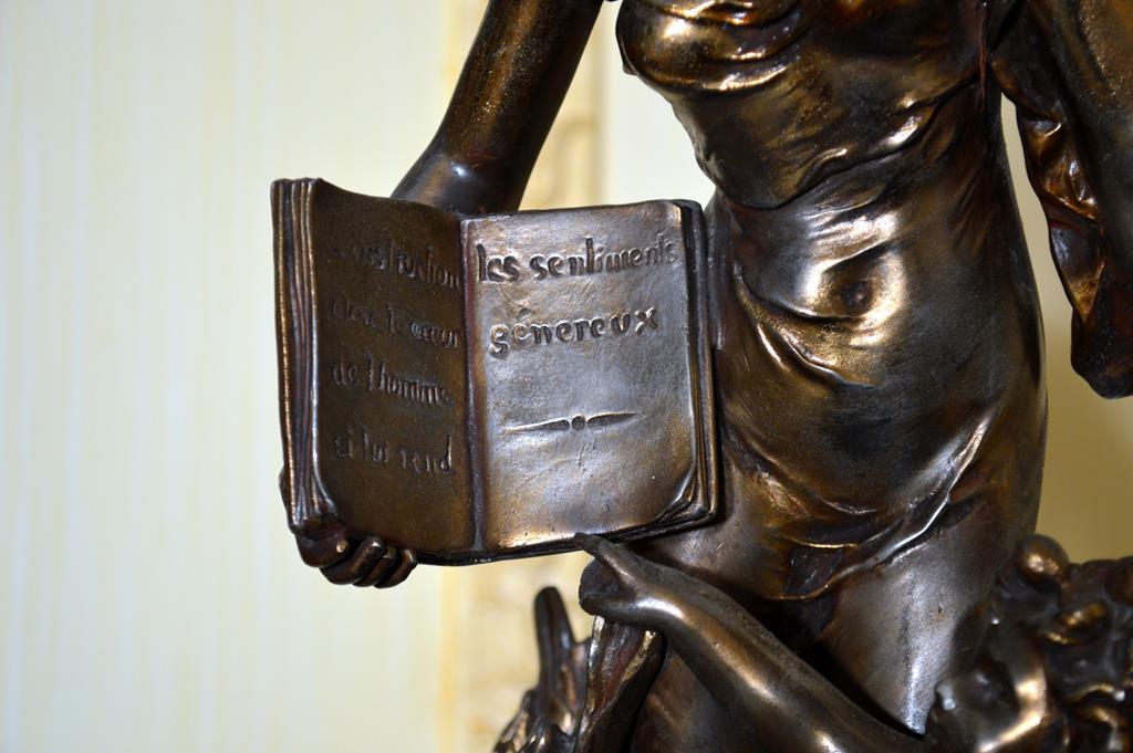 After Emile Bruchon, Bronzed Spelter 19" Statue “L'Instruction”