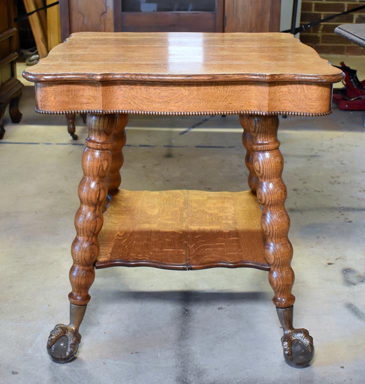 Stunning Antique Tiger Oak Game Table with Glass & Brass Ball & Claw Feet