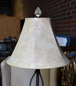 Black Strap Metal Floor Lamp with Light Colored Leatheresque Shade (Lots 9 &10 Match)